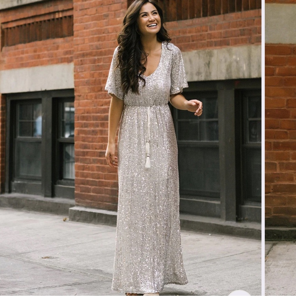 Elegant Silver Sequin Maxi Dress